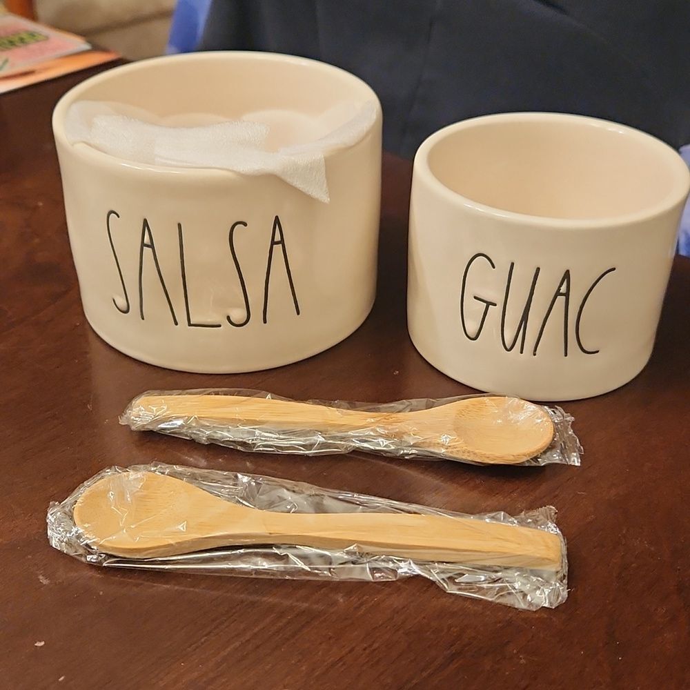 Rae Dunn Salsa & Guac Ceramic Bowl Set w/ Spoons NIB!